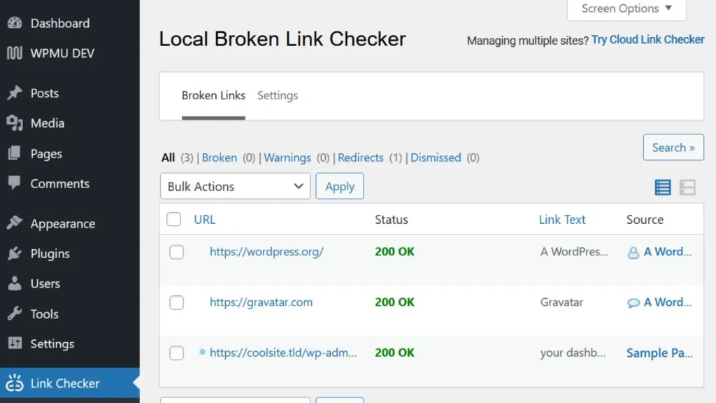 wpmudev dashboard for broken links